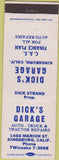 Matchbook Cover - Dick's Garage Kingsburg CA tractor repair