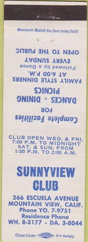 Matchbook Cover - Sunnyview Club Mountain View CA