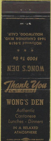 Matchbook Cover - Wong's Den Hollywood CA