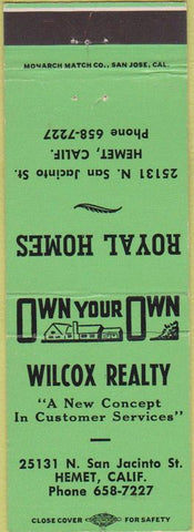Matchbook Cover - Wilcox Realty Hemet CA