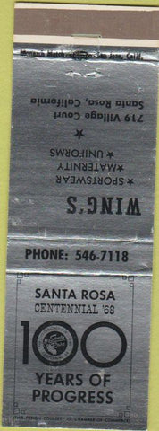 Matchbook Cover - Wing's Clothes Santa Rosa CA