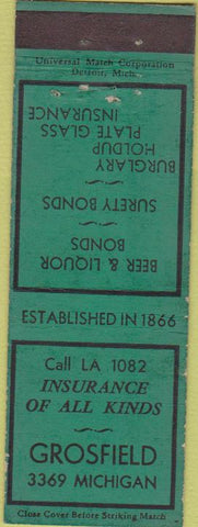 Matchbook Cover - Grosfield Insurance Bonds Detroit MI WEAR