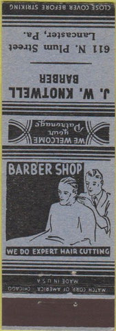 Matchbook Cover - JW Knotwell Barber Shop Lancaster PA