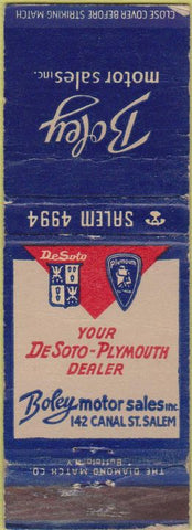 Matchbook Cover - Boley Cars DeSoto Plymouth Salem MA WORN