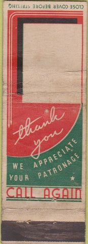 Matchbook Cover - Thank you Call Again BLANK WORN