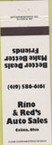 Matchbook Cover - Rino Red's Auto Sales Celina OH white