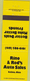 Matchbook Cover - Rino Red's Auto Sales Celina OH yellow