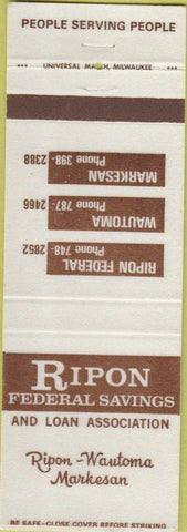 Matchbook Cover - Ripon Federal Savings Wautoma Markesan WI