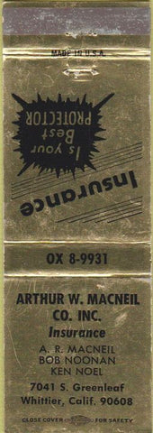 Matchbook Cover - Arthur Macneil Insurance Whittier CA