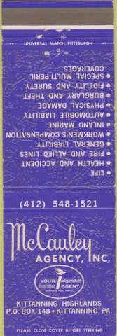 Matchbook Cover - McCauley Insurance Kittanning PA