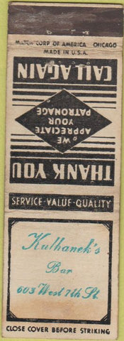 Matchbook Cover - Kulhanek's Bar Match Corp STAMPED WEAR