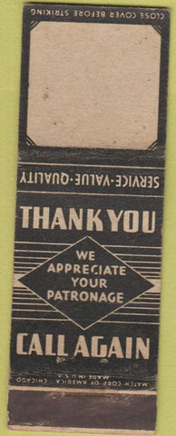 Matchbook Cover - Match Corp Thank You Call Again Black BLANK WEAR