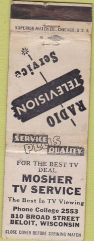 Matchbook Cover - Mosher TV Service Beloit WI WORN