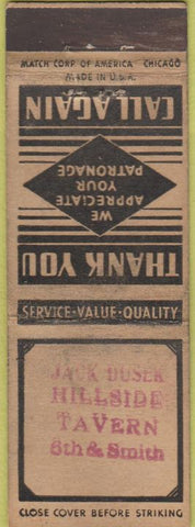 Matchbook Cover - Jack Dusek Hillsaide Tavern STAMPED WORN