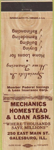 Matchbook Cover - Mechanics Homestead Loan Galesburg IL WORN