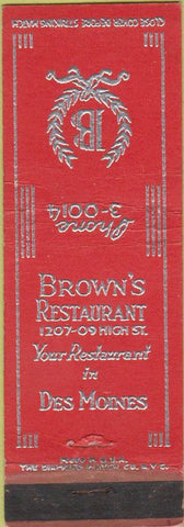 Matchbook Cover - Brown's Restaurant Des Moines IA