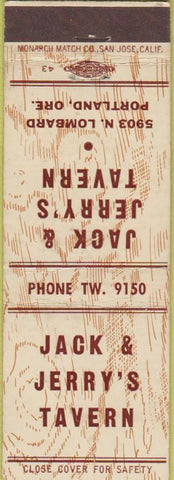 Matchbook Cover - Jack Jerry's Tavern Portland OR