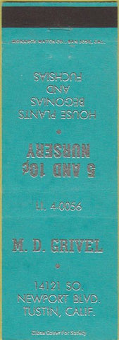 Matchbook Cover - MD Grivel Tustin CA Nursery Plants Flowers