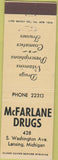 Matchbook Cover - McFarlane Drugs Lansing MI
