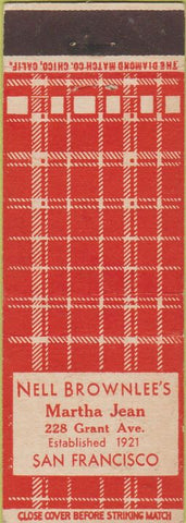 Matchbook Cover - Nell Brownlee's Martha Jean San Francisco CA restaurant