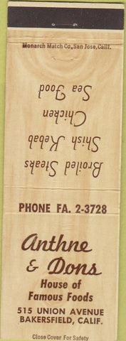 Matchbook Cover - Anthne Dons Restaurant Bakersfield CA
