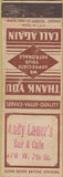 Matchbook Cover - Andy Lauer's Bar Cafe STAMPED WEAR