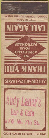 Matchbook Cover - Andy Lauer's Bar Cafe STAMPED WEAR