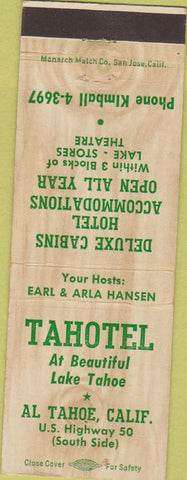 Matchbook Cover - Tahotel Al Tahoe CA