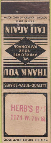 Matchbook Cover - Herb's Bar STAMPED WEAR
