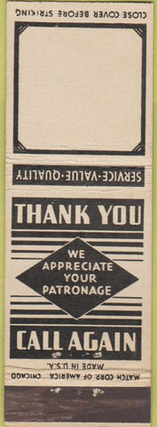 Matchbook Cover - Thank You Call Again Match Corp BLANK