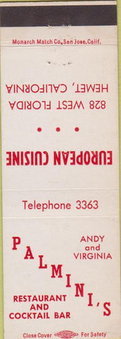 Matchbook Cover - Palmini's Restaurant Hemet CA