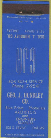 Matchbook Cover - Geo Hundley Co Blue Prints Architect supply Dallas TX