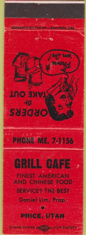 Matchbook Cover - Grill Cafe Chinese food girlie Price UT