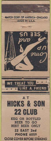 Matchbook Cover - Hicks Son 22 Club girlie WORN