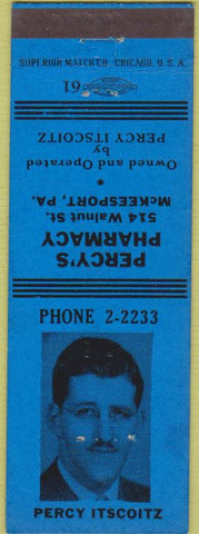 Matchbook Cover - Percy Itscoitz Drugs McKeesport PA WWII