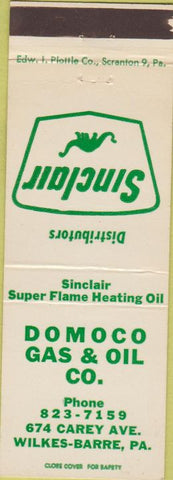 Matchbook Cover - Domoco gas oil Sinclair Wilkes Barre PA