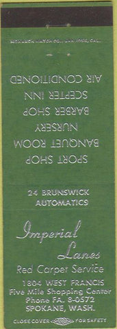 Matchbook Cover - Imperial Bowling Lanes Spokane WA green