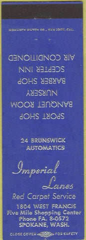Matchbook Cover - Imperial Bowling Lanes Spokane WA blue