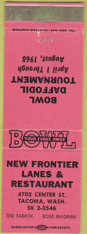 Matchbook Cover - New Frontier Bowling Tacoma WA 1968 pink