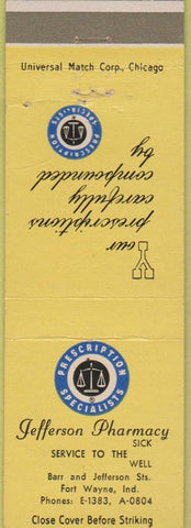 Matchbook Cover - Jefferson Pharmacy Drugs Fort Wayne IN