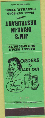 Matchbook Cover - Jim's Drive In Restaurant Pikeville TN green