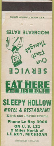 Matchbook Cover - Sleepy Hollow Motel Restaurant Le Roy MI
