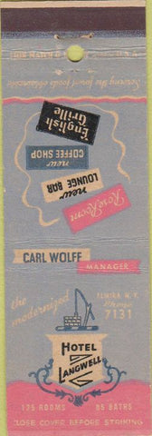 Matchbook Cover - Hotel Langwell Elmira NY