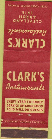 Matchbook Cover - Clark's Restaurants Cleveland Akron Erie OH