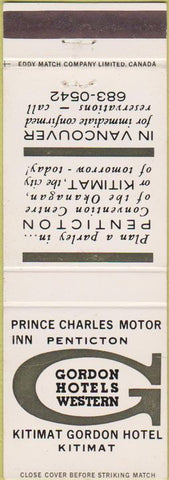 Matchbook Cover - Gordon Hotels Western Kitimat Vancouver BC