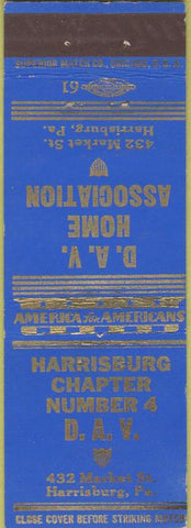 Matchbook Cover - Harrisburg Chapter DAV Home Association PA