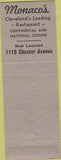 Matchbook Cover - Monaco's Cleveland OH restaurant