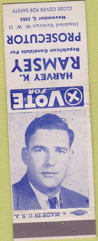 Matchbook Cover - Harvey Ramsey Prosecutor Republican 1954 WEAR