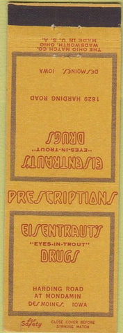 Matchbook Cover - Eisentraut's Drugs Des Moines IA FOR SAFETY