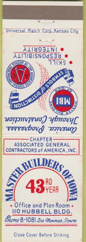 Matchbook Cover - Master Builders of Iowa Des Moines